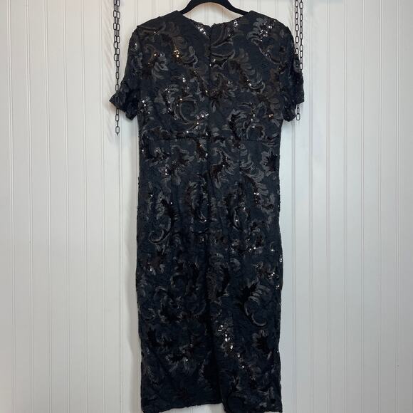 Carmen Marc Valvo Black Embroidered V-Neck Sequin Short Sleeve Midi Dress Sz 12 - Picture 4 of 8